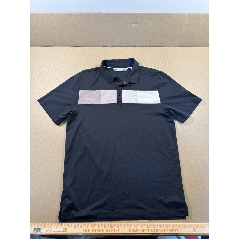 Travis Mathew Polo Shirt Mens L Black Gray Stripe Golf Performance Pima Cotton